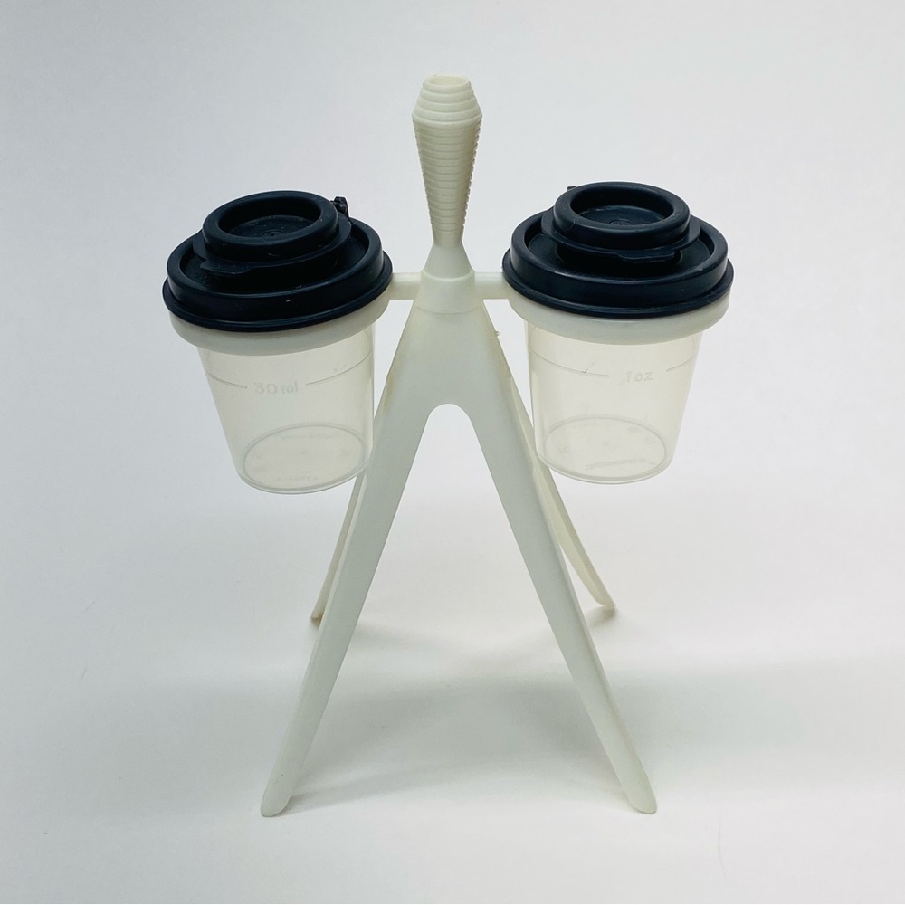 Vintage Tupperware Midget Atomic Tripod Salt & Pepper Shakers Black White  Clear